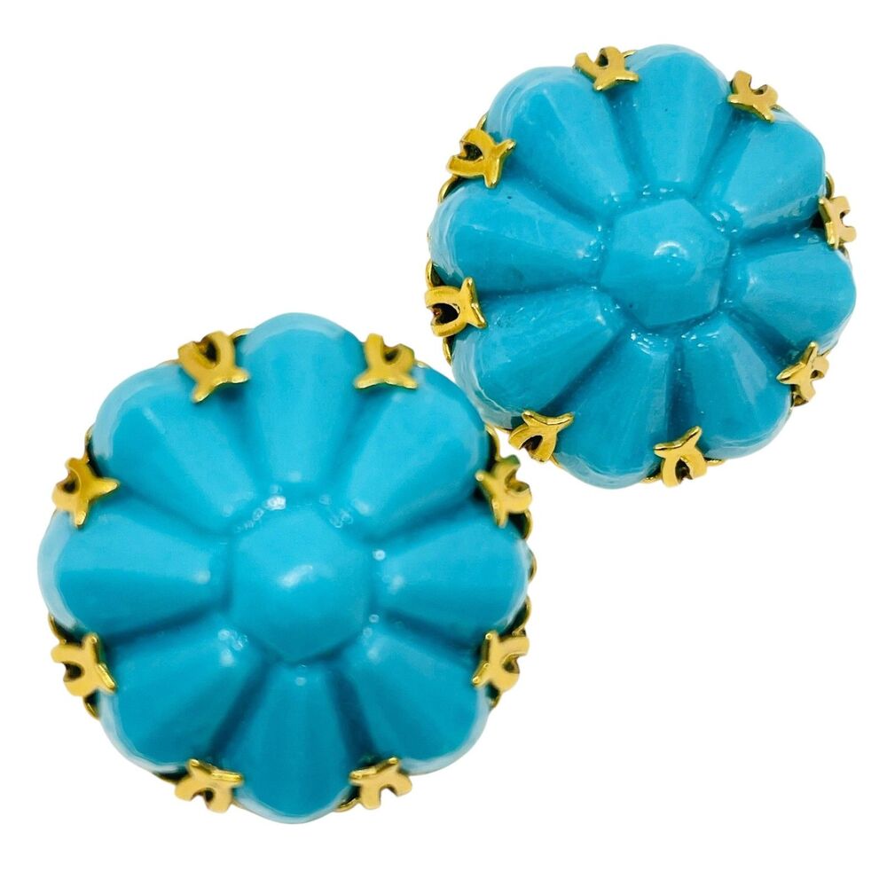 Vintage gold tone lucite turquoise designer clip on earrings